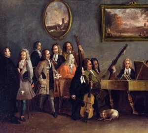 Fragment van Riunione musicale, Marco Ricci. Let op het (kleine) formaat van de cello.