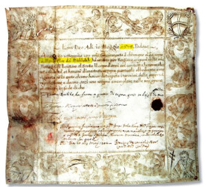Getuigschrift (1678) van Pietro Railich over Mathias Klotz: "À Mattio Cloz dá Mithbolt", gemarkeerd in geel. *Zie Bronnen